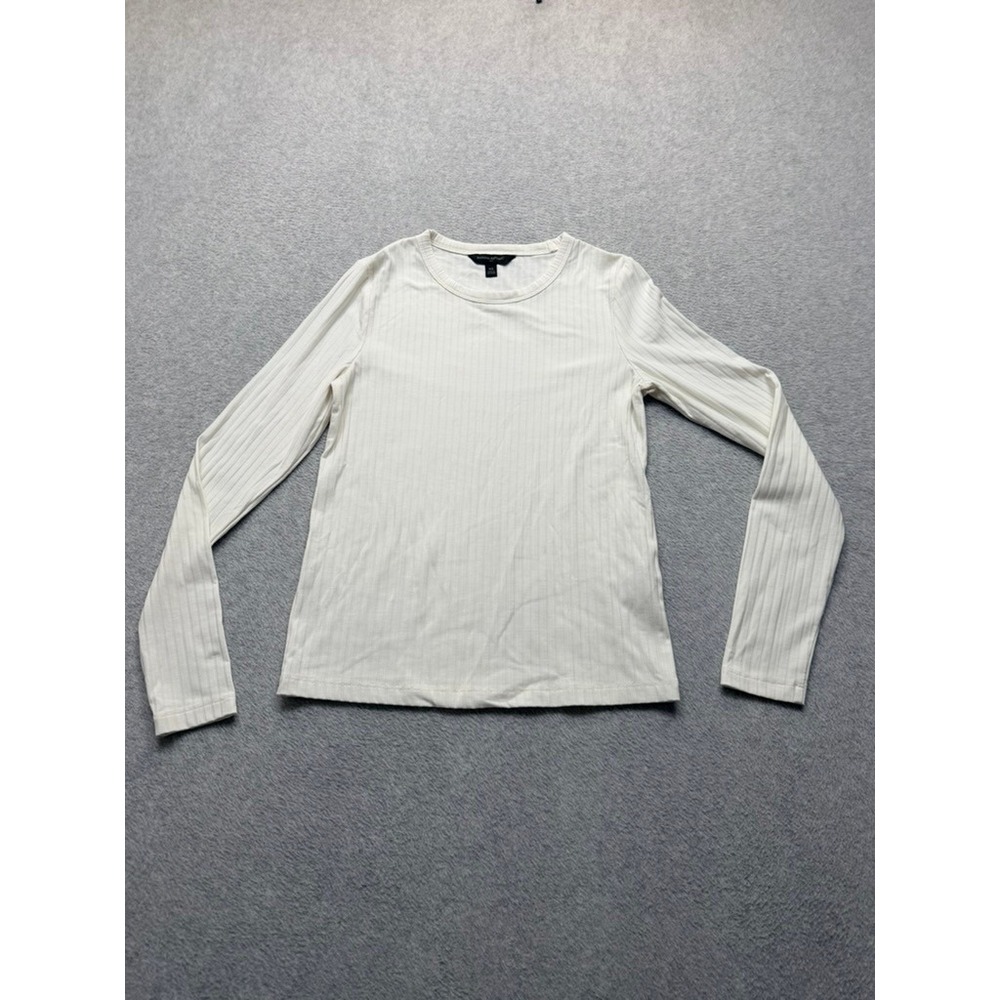 Banana Republic Womens Ribbed Long Sleeve Crew Neck Top Ivory Cream XS
